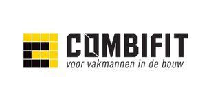 Combifit-logo met zwart-geel beeldmerk en de tekst “voor vakmannen in de bouw”, weergegeven op een lichtgrijze achtergrond.