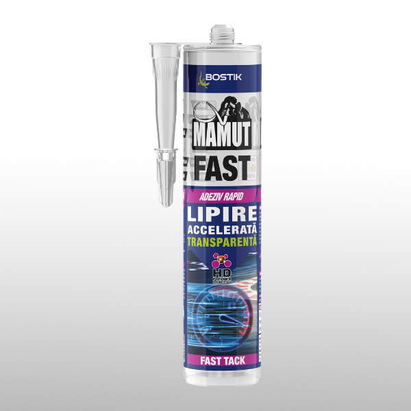 Cartuș de adeziv rapid transparent Bostik Mamut Fast cu duză de aplicare, prezentat pe fundal neutru. Adeziv hibrid cu priză rapidă pentru lipire puternică și transparentă.