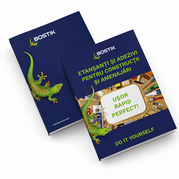 Copertă și spate ale catalogului Bostik DIY, prezentate într-o machetă tip broșură. Coperta include sloganul „Fă-o singur!”, mesajul „Ușor, rapid, perfect” și imagini ale produselor Bostik pentru proiecte de bricolaj și îmbunătățirea locuinței.