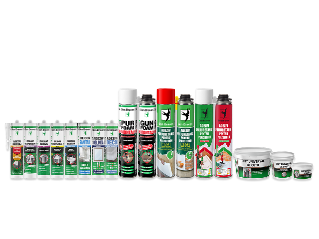 Den Braven product range displayed for the Romania market, including silicone sealants, acrylic sealants, polyurethane foam, construction adhesives, mounting adhesives, roof repair sealants, and universal putty products arranged in a row on a light grey background.