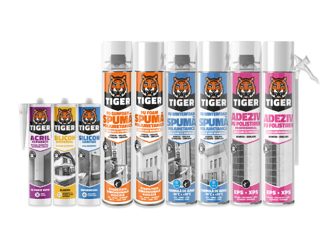 Tiger product range for the Romania market, featuring acrylic repair sealant, universal silicone, sanitary silicone, polyurethane foam, winter polyurethane foam, and polyurethane mounting adhesive cartridges displayed in a row against a light grey background.