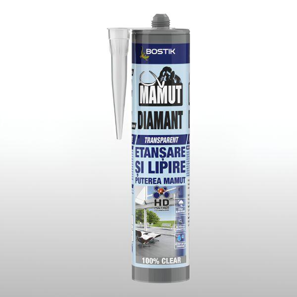 Adeziv și etanșant transparent Bostik Mamut Diamant, cu rezistență mecanică ridicată, pentru lipire și etanșare pe suprafețe netede și poroase, la interior.