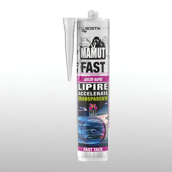 Cartuș de adeziv rapid transparent Bostik Mamut Fast cu duză de aplicare, prezentat pe fundal neutru. Adeziv hibrid cu priză rapidă pentru lipire puternică și transparentă.
