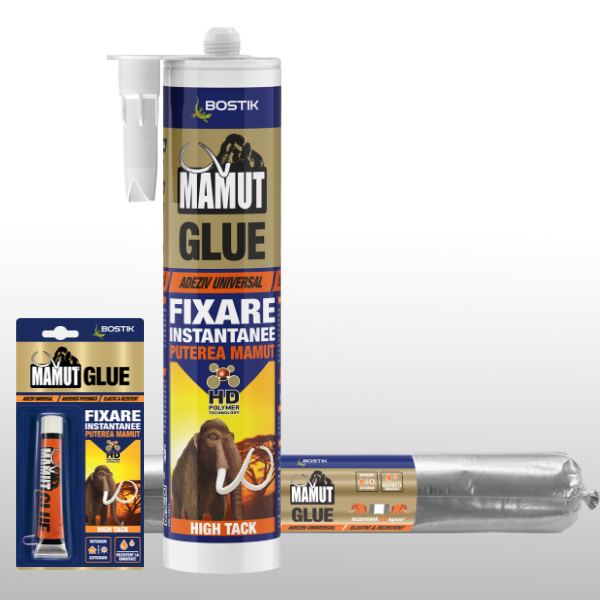 Mamut Glue High Tack application instructions infographic showing four steps for opening and using the adhesive tube, including unlocking the integrated key, piercing the seal, dispensing the adhesive, and applying it in vertical strips before pressing materials into place.