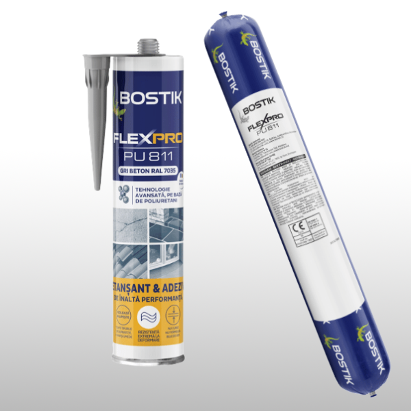 FlexPro PU 811 adhesive and sealant displayed alongside multiple application areas, including expansion joints, sealing joints, connection joints, roof tile bonding, crack sealing, and flooring installation.