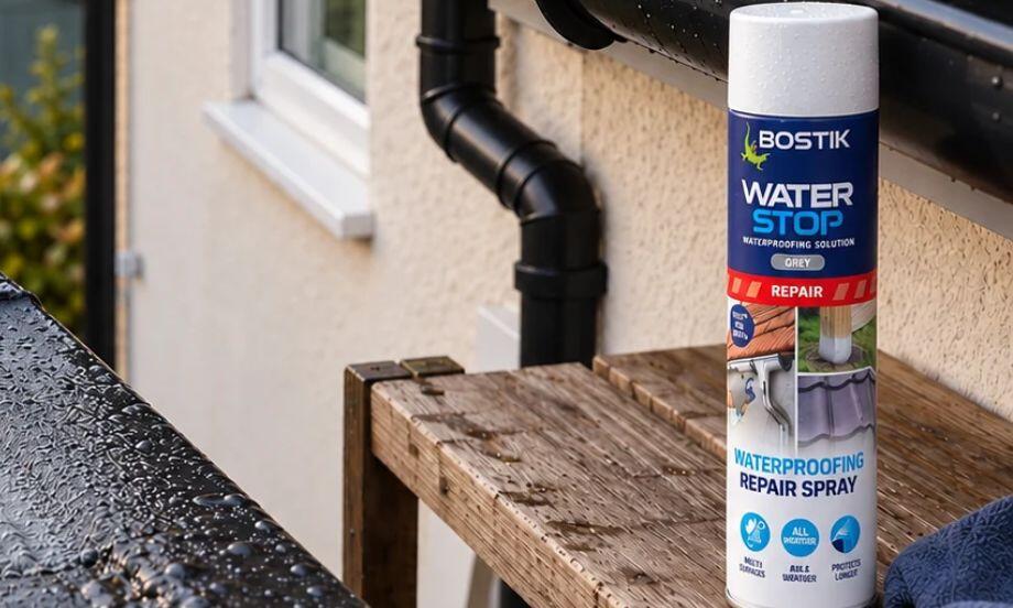Bostik Waterstop Emergency Waterproof Coating Waterproof Roof Coating Emergency Leak Repair Tin Format and Bostik Waterproofing Repair Spray positioned on a roof during waterproofing work