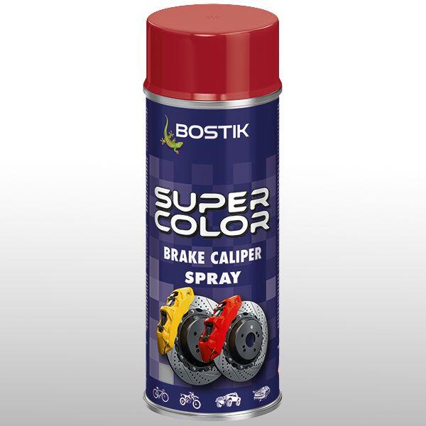 Spray do zacisków hamulcowych Bostik Super Color Brake Caliper Spray w czerwonym kolorze. Aerozol w metalowej puszce z czerwoną nakrętką, granatową etykietą oraz grafiką tarcz i zacisków hamulcowych. Produkt przeznaczony do malowania i ochrony zacisków hamulcowych.