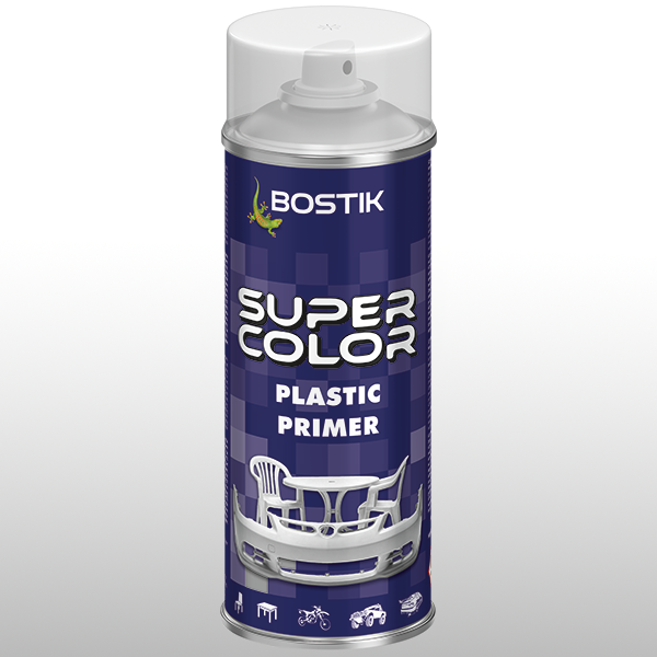 Puszka aerozolu Bostik Super Color Brake Caliper Spray z czerwoną nakrętką. Produkt przeznaczony do malowania i ochrony zacisków hamulcowych, przedstawiony na granatowej etykiecie z grafiką tarcz i zacisków hamulcowych.