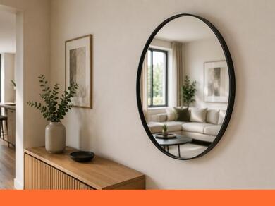 Ronde spiegel gemonteerd aan een binnenmuur
