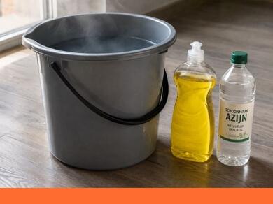 Emmer met warm water, afwasmiddel en schoonmaakazijn