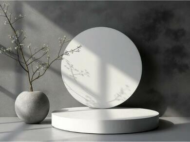 Elemente decorative pe un podium minimalist care evidențiază prezentarea produsului Mamut Glue High Tack