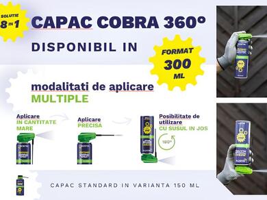 Bostik BA940 Spray Premium Multifuncțional product infographic highlighting the 360° Cobra spray cap, multiple application methods, upside-down use capability, and availability in 300 ml and 150 ml formats.