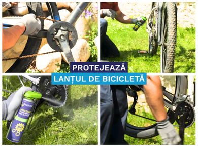 Bostik BA940 Spray Premium Multifuncțional being applied to a bicycle chain, demonstrating chain protection and maintenance across multiple outdoor use scenarios.