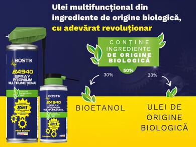 Bostik BA940 Spray Premium Multifuncțional promotional graphic showcasing bio-based ingredients, including bioethanol and biologically sourced oils, with product cans displayed on a blue and yellow background.