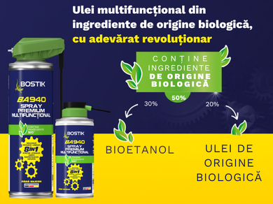 Bostik BA940 Spray Premium Multifuncțional promotional graphic showcasing bio-based ingredients, including bioethanol and biologically sourced oils, with product cans displayed on a blue and yellow background.