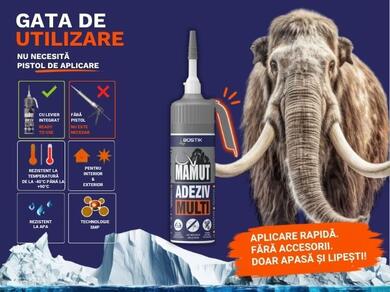 Mamut Multi pressure-pack adhesive promotional banner featuring the Bostik logo, a mammoth illustration, and the adhesive bottle. The graphic emphasizes ready-to-use application with an integrated lever, no caulking gun required, water resistance, temperature resistance, indoor and outdoor suitability, and SMP technology.