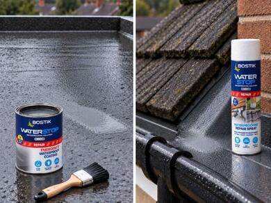 Emergency waterproof roof coating and waterproofing spray displayed on a flat roof and roof gutter for leak repair