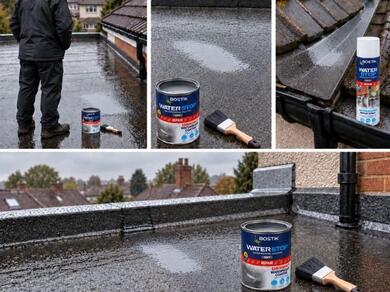 Emergency waterproof roof coating and brush positioned on a flat roof during roof leak repair and waterproofing work