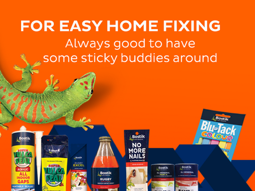 Mobile-optimized Bostik DIY promotional banner featuring the gecko mascot, home repair products, and the message “For Easy Home Fixing. Always good to have some sticky buddies around” on a bright orange background.