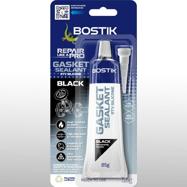 Bostik Gasket Sealant Black RTV Silicone, 85g tube in retail packaging, heat-resistant gasket sealant for automotive and mechanical applications.