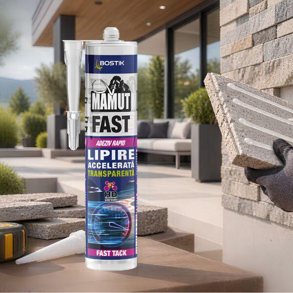 Infografic Bostik Mamut Fast care prezintă adezivul rapid transparent alături de exemple de materiale recomandate pentru lipire: piatră decorativă, cărămidă klinker, panouri decorative și sticlă decorativă.