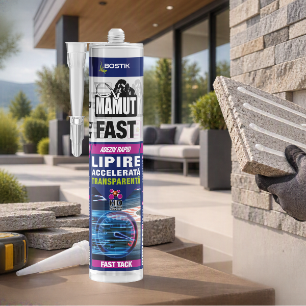 Infografic Bostik Mamut Fast care prezintă adezivul rapid transparent alături de exemple de materiale recomandate pentru lipire: piatră decorativă, cărămidă klinker, panouri decorative și sticlă decorativă.