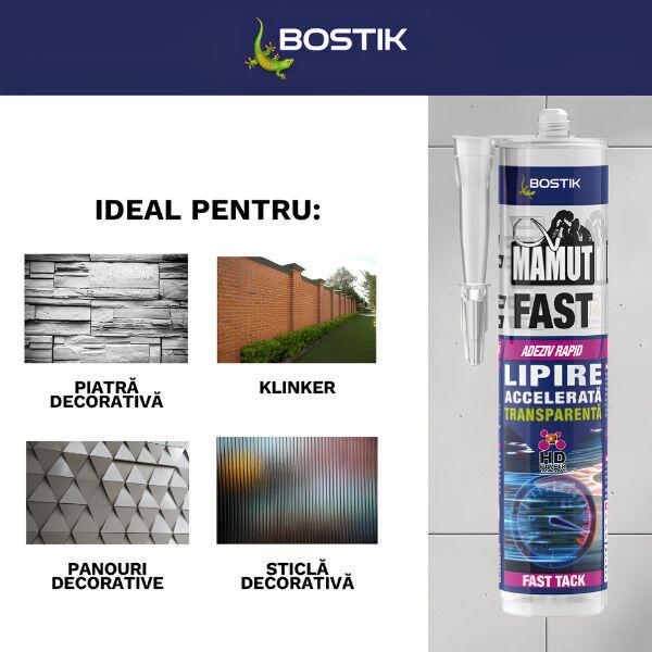 Cartuș de adeziv rapid transparent Bostik Mamut Fast cu duză de aplicare, prezentat pe fundal neutru. Adeziv hibrid cu priză rapidă pentru lipire puternică și transparentă.