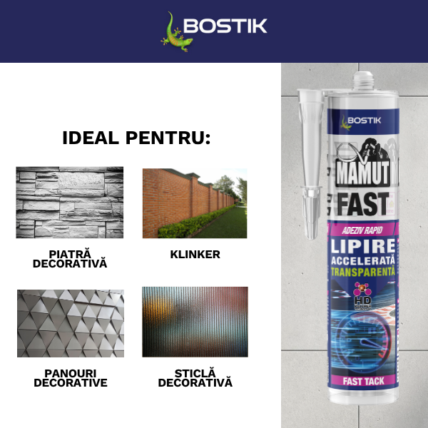 Cartuș de adeziv rapid transparent Bostik Mamut Fast cu duză de aplicare, prezentat pe fundal neutru. Adeziv hibrid cu priză rapidă pentru lipire puternică și transparentă.