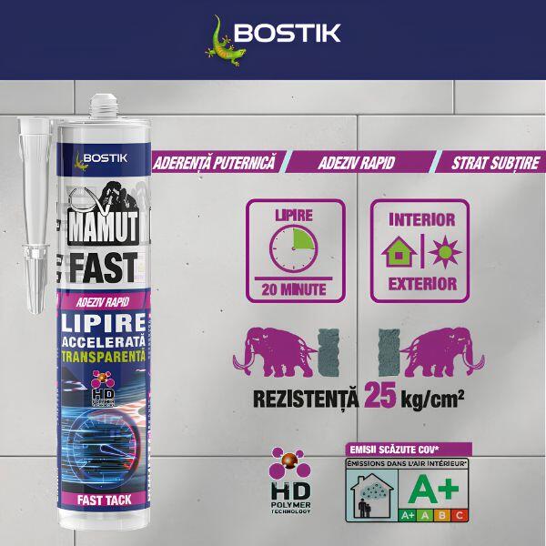 Infografic Bostik Mamut Fast care evidențiază principalele beneficii ale adezivului: aderență puternică, lipire rapidă în aproximativ 20 de minute, utilizare la interior și exterior, rezistență ridicată și emisii reduse de compuși organici volatili. Cartușul produsului este afișat pe fundal cu aspect de beton.