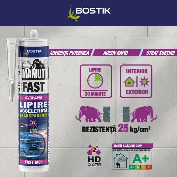 Infografic Bostik Mamut Fast care evidențiază principalele beneficii ale adezivului: aderență puternică, lipire rapidă în aproximativ 20 de minute, utilizare la interior și exterior, rezistență ridicată și emisii reduse de compuși organici volatili. Cartușul produsului este afișat pe fundal cu aspect de beton.