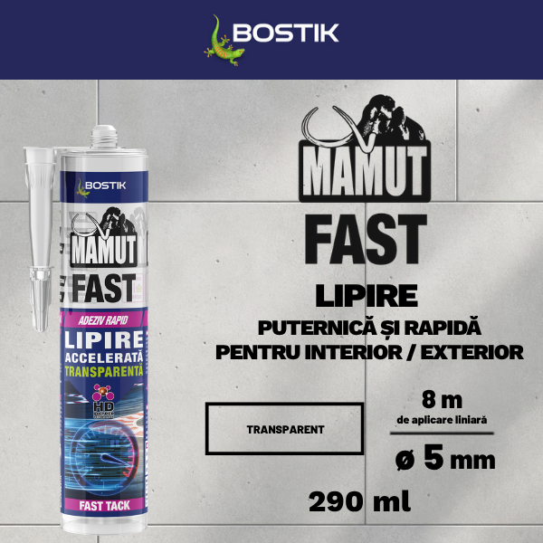 Cartuș Bostik Mamut Fast pentru lipire accelerată transparentă, prezentat pe fundal neutru. Imaginea evidențiază utilizarea la interior și exterior, culoarea transparentă și ambalajul de 290 ml.