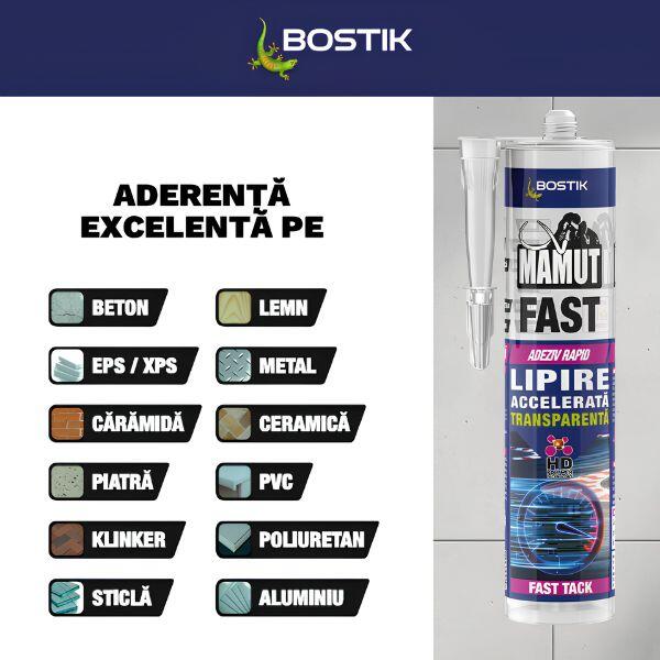 Infografic Bostik Mamut Fast care prezintă materialele cu aderență excelentă: beton, lemn, EPS/XPS, metal, cărămidă, ceramică, piatră, PVC, klinker, poliuretan, sticlă și aluminiu. Cartușul adezivului este afișat alături de lista materialelor compatibile.
