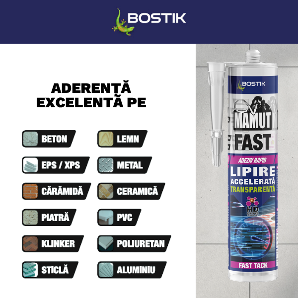 Infografic Bostik Mamut Fast care prezintă materialele cu aderență excelentă: beton, lemn, EPS/XPS, metal, cărămidă, ceramică, piatră, PVC, klinker, poliuretan, sticlă și aluminiu. Cartușul adezivului este afișat alături de lista materialelor compatibile.