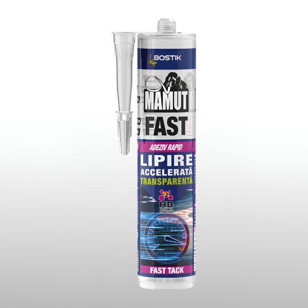Cartuș de adeziv rapid transparent Bostik Mamut Fast cu duză de aplicare, prezentat pe fundal neutru. Adeziv hibrid cu priză rapidă pentru lipire puternică și transparentă.