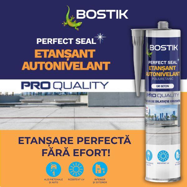 Cartuș de etanșant poliuretanic autonivelant Bostik Perfect Seal Etanșant Autonivelant prezentat pe suprafața unei terase, evidențiind performanța de etanșare flexibilă pentru rosturi de dilatație orizontale.