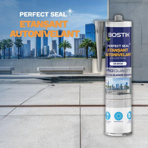 Cartuș de etanșant poliuretanic Bostik Perfect Seal Etanșant Autonivelant amplasat pe o terasă exterioară, cu un peisaj urban modern în fundal, ilustrând rezistența la UV pentru aplicații exterioare.