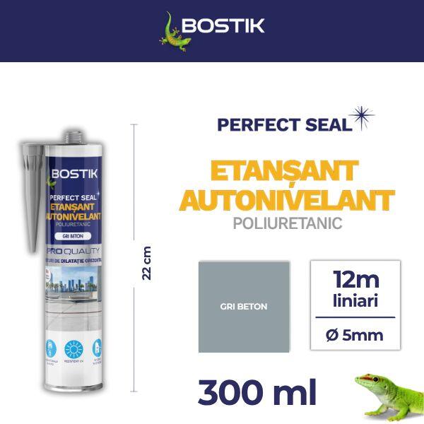 Grafic informativ al produsului Bostik Perfect Seal Etanșant Autonivelant, prezentând un cartuș de 300 ml în culoarea gri beton, cu o înălțime de 22 cm și o acoperire de aproximativ 12 metri liniari pentru un rost cu diametrul de 5 mm.