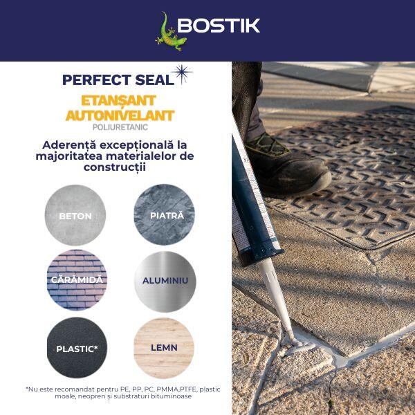 Aplicarea etanșantului poliuretanic autonivelant Bostik Perfect Seal Etanșant Autonivelant într-un rost de dilatație din beton, evidențiind aderența la materiale precum beton, piatră, cărămidă, aluminiu, plastic și lemn.
