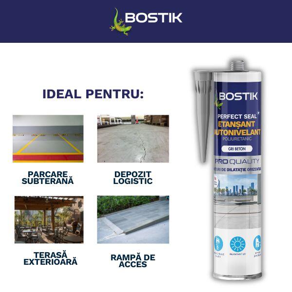 Cartuș de etanșant poliuretanic Bostik Perfect Seal Etanșant Autonivelant prezentat alături de exemple de aplicații recomandate, inclusiv parcări subterane, depozite logistice, terase exterioare și rampe de acces.