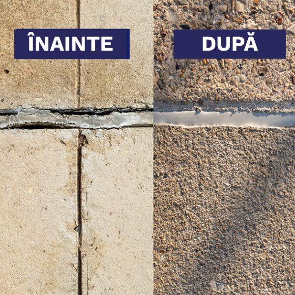 Comparație înainte și după a unui rost de dilatație deteriorat din beton și a aceluiași rost după reparare și etanșare cu Bostik Perfect Seal Etanșant Autonivelant.