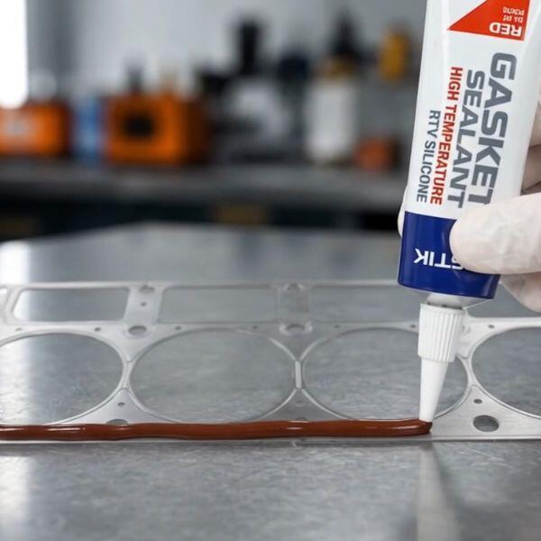 Bostik Gasket Sealant Black RTV Silicone being applied to a circular metal flange, forming a durable gasket seal around the component perimeter.