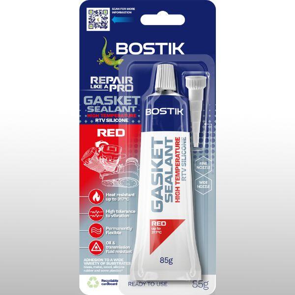 Bostik Gasket Sealant Red High Temperature RTV Silicone in 85g tube packaging, featuring heat resistance up to 317°C, vibration resistance, permanent flexibility, and resistance to oil and transmission fluids.