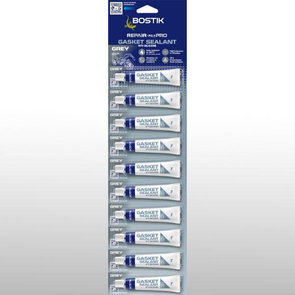Bostik Gasket Sealant RTV Silicone Grey multipack containing ten 10g tubes in retail packaging. The gasket sealant is designed for high-temperature sealing applications and features heat resistance, vibration tolerance, weather resistance, and compatibility with oil and transmission fluid environments.