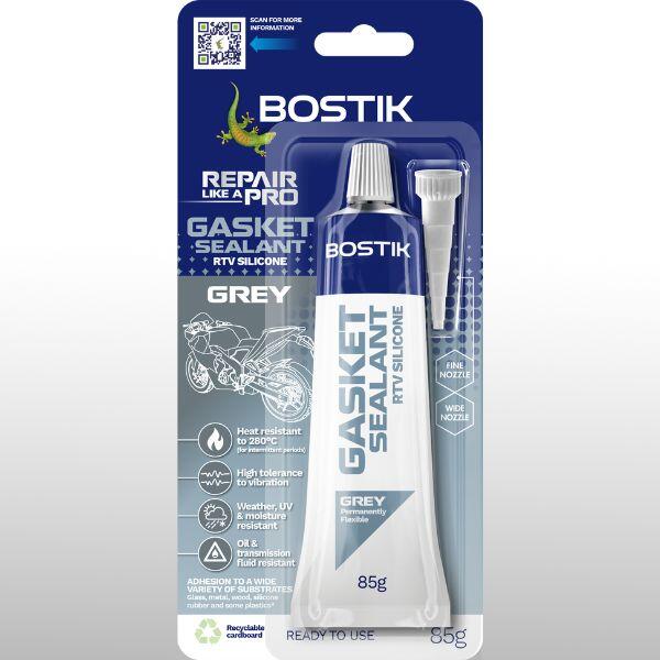 Bostik Gasket Sealant RTV Silicone Grey 85g in retail packaging, featuring a grey high-temperature gasket sealant tube with application nozzle. Packaging highlights heat resistance up to 280°C, vibration tolerance, weather and UV resistance, and suitability for oil and transmission fluid applications.