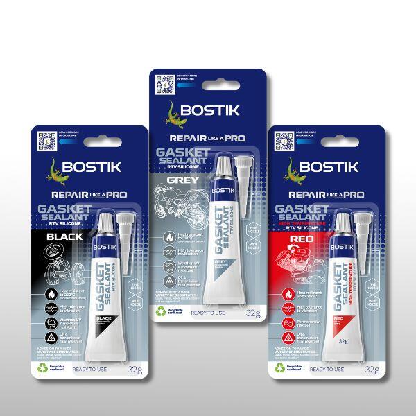 Bostik Gasket Sealant RTV Silicone product range in 32g retail packaging, showing Black, Grey, and Red variants. Each pack includes a gasket sealant tube with application nozzle and highlights heat resistance, vibration tolerance, weather resistance, and suitability for automotive sealing applications.