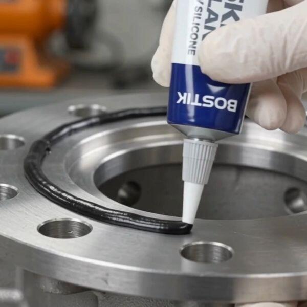 Close-up of Bostik Gasket Sealant being applied from a tube onto a circular metal flange, creating a continuous seal bead around the component for gasket sealing and leak prevention.