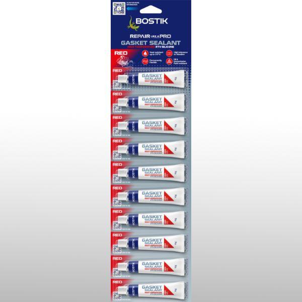 Bostik Gasket Sealant High Temperature RTV Silicone Red multipack containing ten 10g tubes in retail packaging. The product is designed for high-temperature gasket sealing applications and provides heat resistance, vibration tolerance, permanent flexibility, and resistance to oil and transmission fluids.