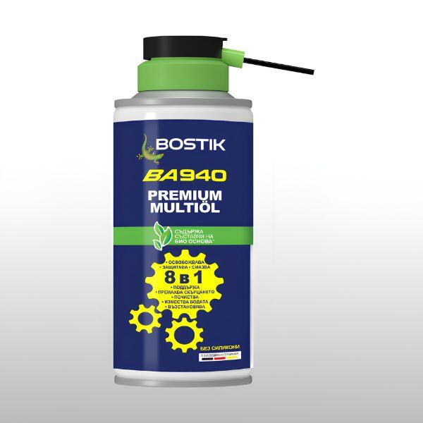 Recipient aerosol Bostik BA940 Premium Multiöl cu aplicator verde și etichetă albastră. Produs multifuncțional 8 în 1 pentru lubrifiere, protecție, curățare și deplasarea umezelii.