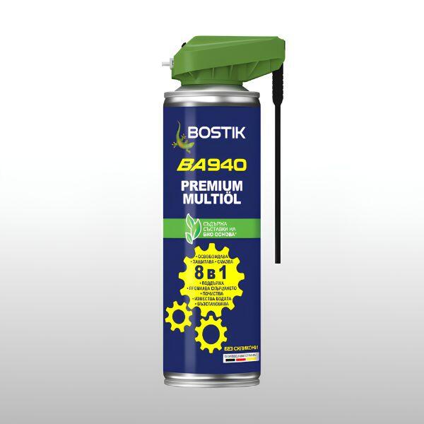 Recipient spray Bostik BA940 Premium Multiöl cu pulverizator verde și pai de aplicare de precizie. Ulei multifuncțional 8 în 1, utilizat pentru întreținere, lubrifiere, protecție împotriva coroziunii și curățare.