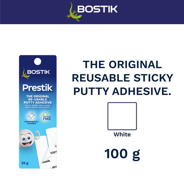 Bostik South Africa Prestik reusable sticky putty adhesive in white, solvent-free and permanently flexible for mounting lightweight items without permanent fixing.